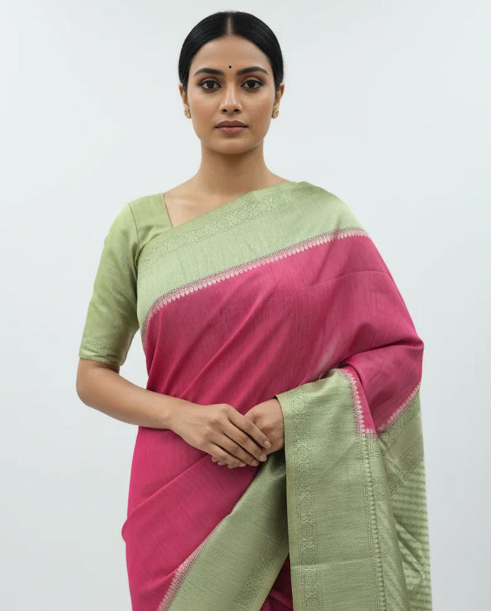 Elegant Pink and Pastel Green Silk Saree with Minimal Zari Border and Tassel Pallu