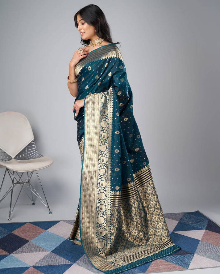 Teal Blue Banarasi Silk Saree with Rich Gold Zari Border