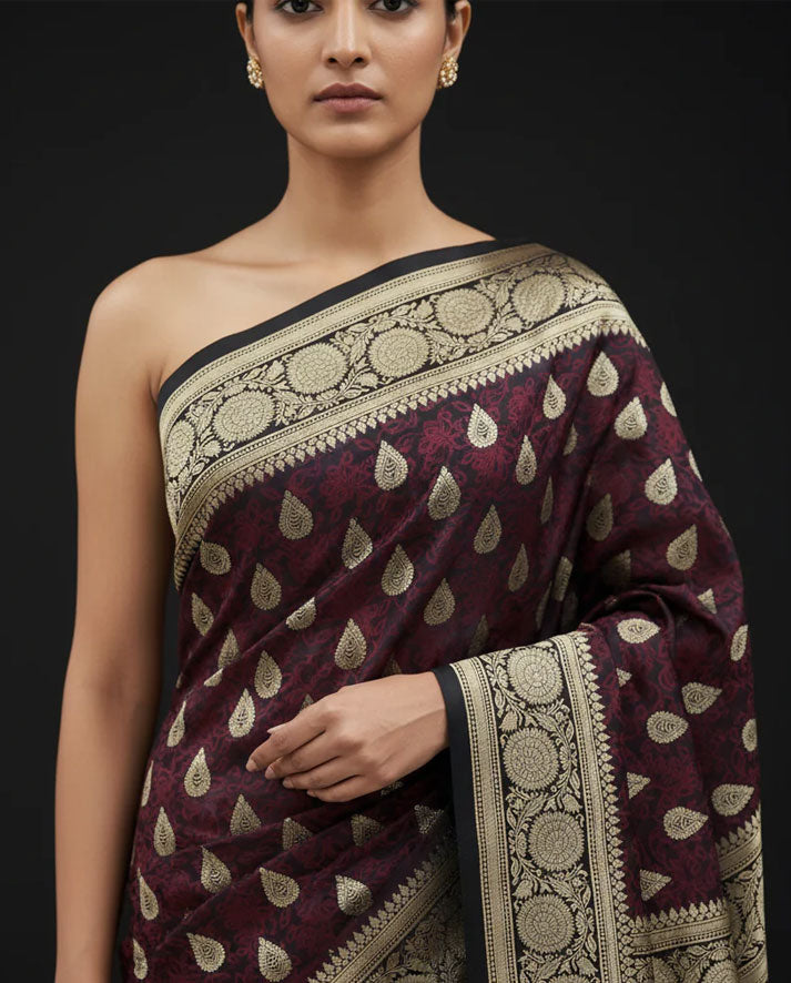 Maroon Banarasi Silk Saree with Gold Zari Paisley Motifs and Rich Woven Border