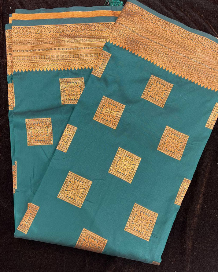 Elegant Dark Green Banarasi Silk Saree with Rich Copper Zari Motifs and Traditional Border