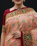 Elegant Peach Silk Saree with Rich Maroon Border and Multicolor Embroidery