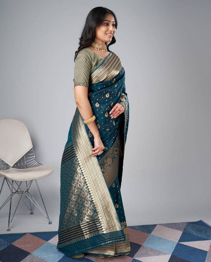 Teal Blue Banarasi Silk Saree with Rich Gold Zari Border