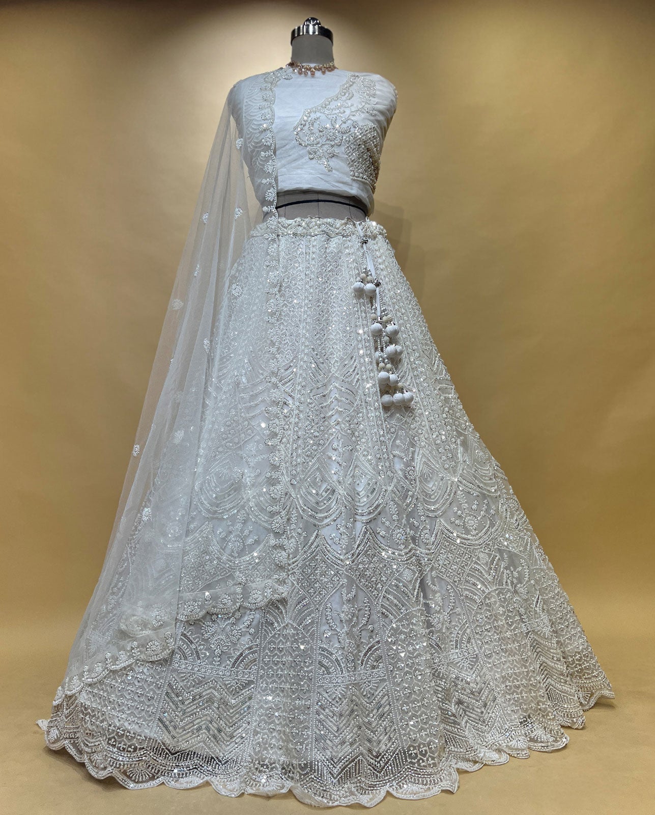 Elegant Pearl White Bridal Lehenga – Full Sequin Work with Designer Scalloped Border