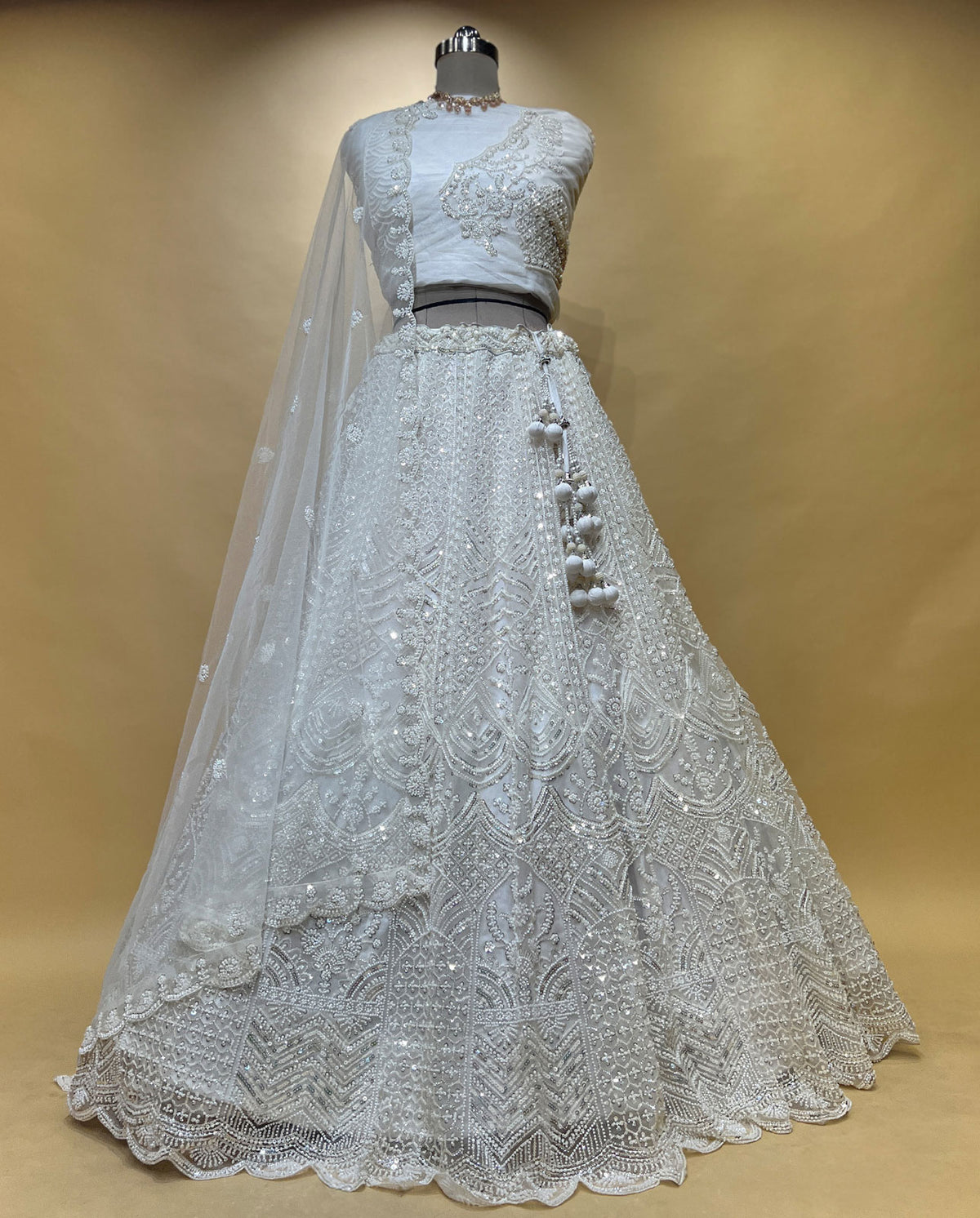 Elegant Pearl White Bridal Lehenga – Full Sequin Work with Designer Scalloped Border