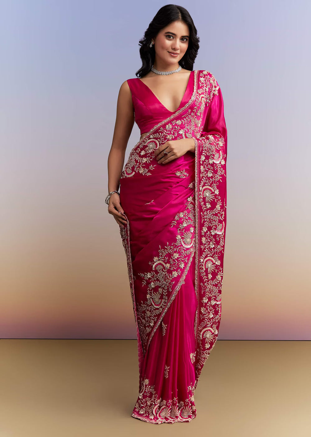 Hot Pink Satin Saree With Heavy Hand Work