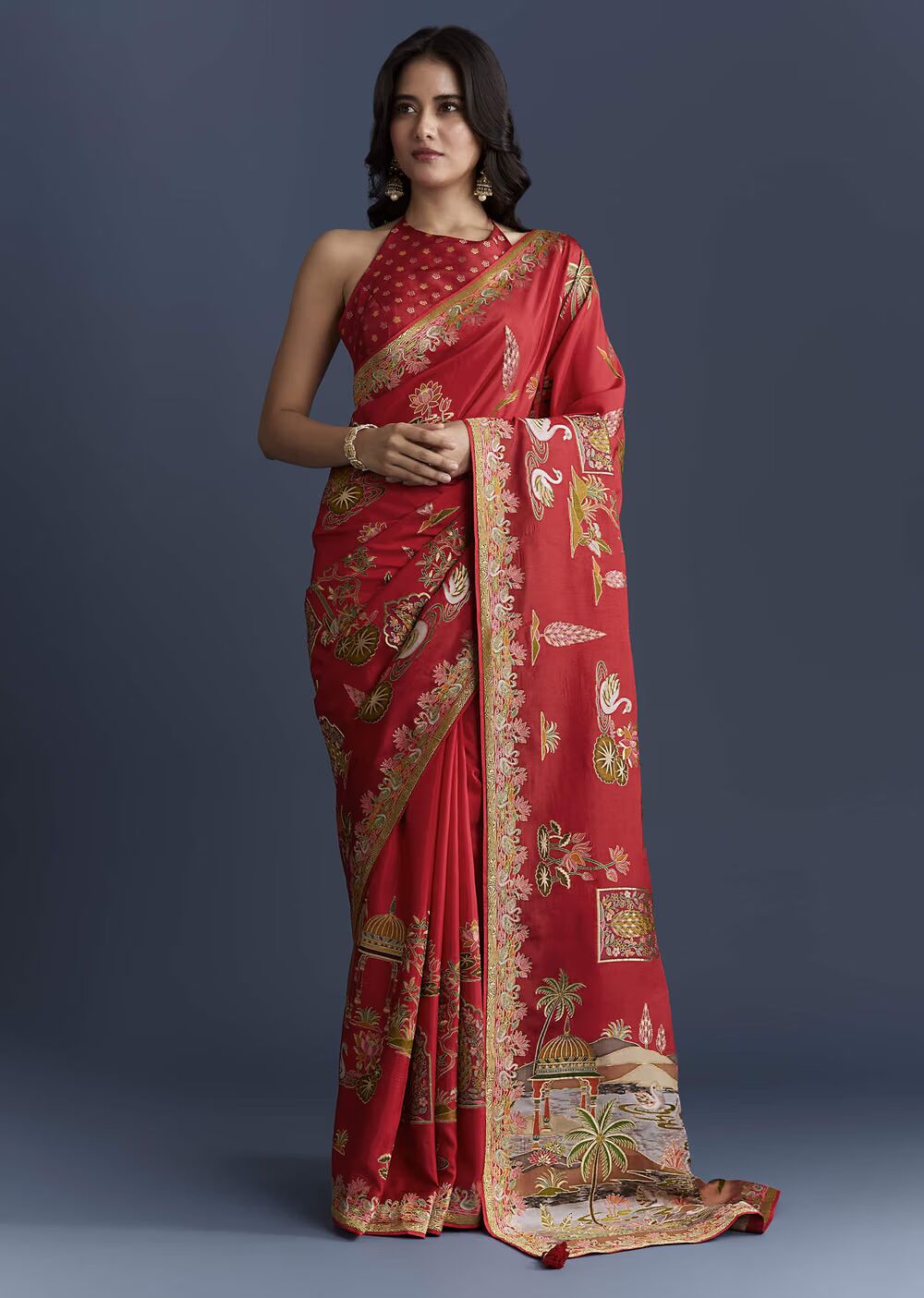 Red Magenta Dola Silk Saree With Nature Motifs And Embroidery