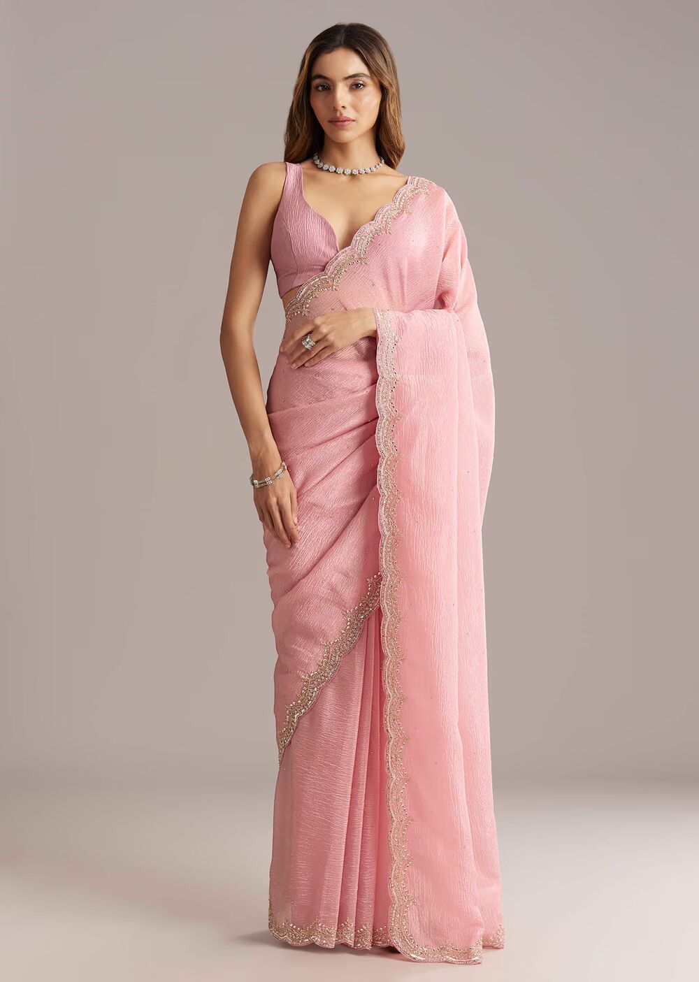 Peach Crush Tissue Saree With Scallop Border Embroidery