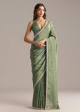 Green Tissue Saree With Bead And Cutdana Embroidery