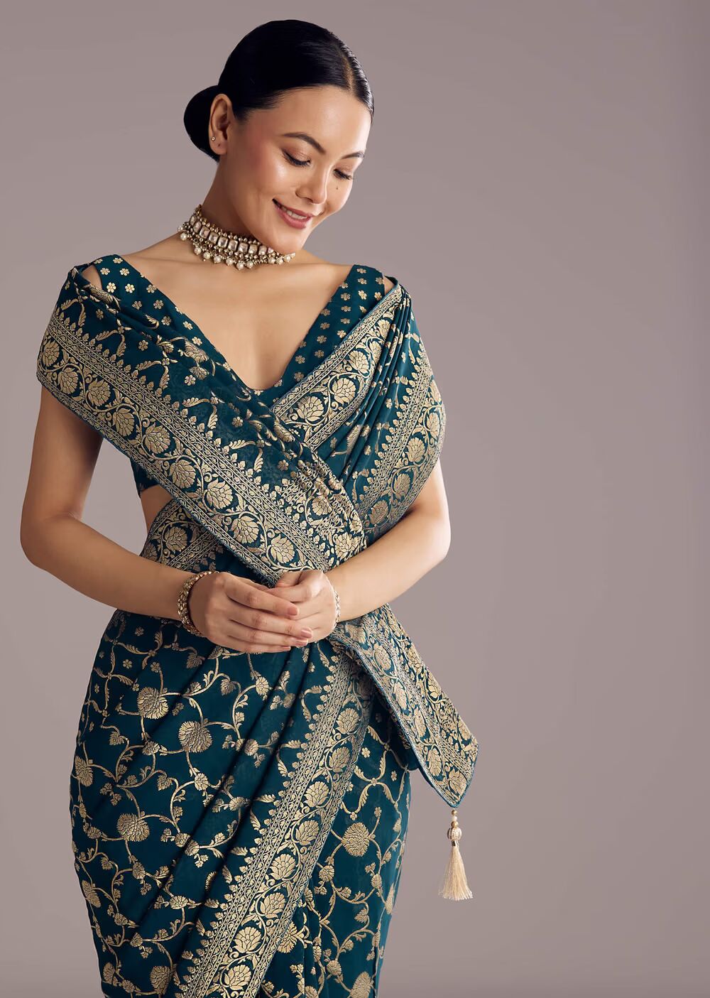 Peacock Blue Georgette Woven Saree With Floral Border