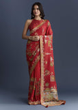 Red Magenta Dola Silk Saree With Nature Motifs And Embroidery