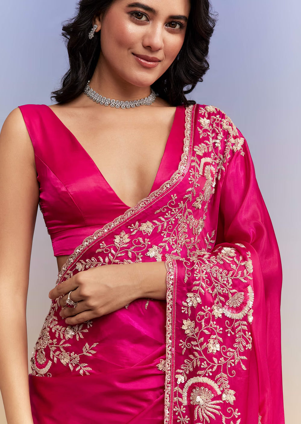 Hot Pink Satin Saree With Heavy Hand Work