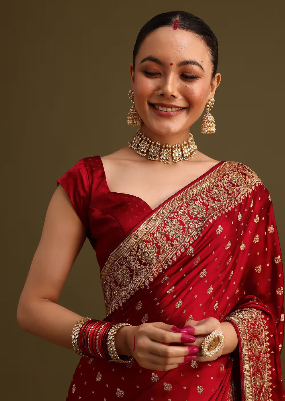 Maroon Satin Zardosi And Cutdana Embroidered Saree