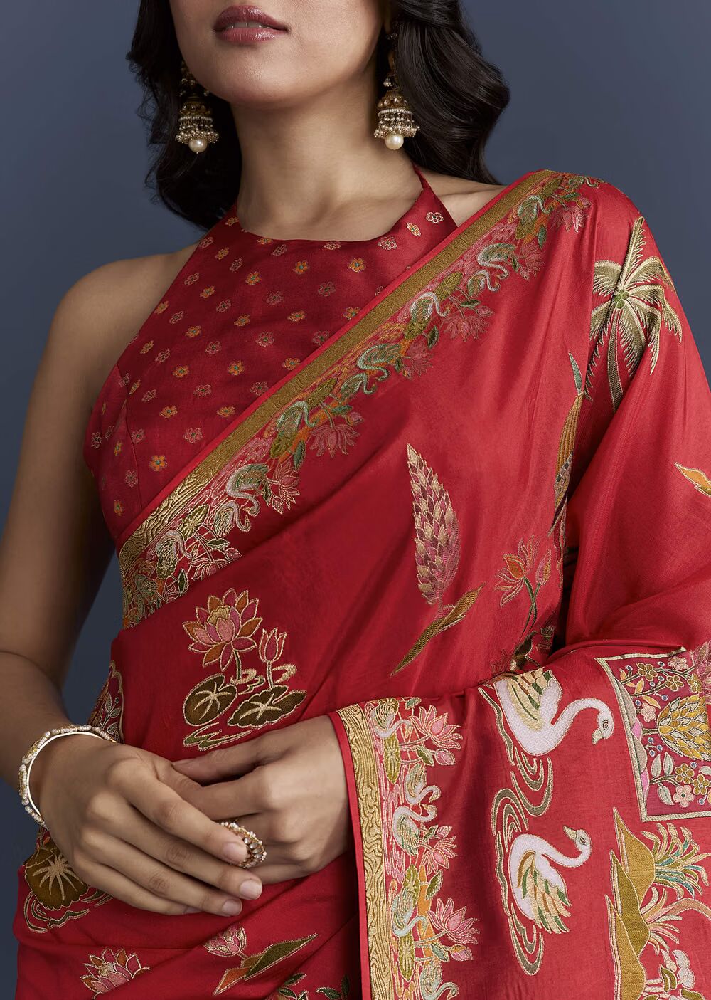 Red Magenta Dola Silk Saree With Nature Motifs And Embroidery