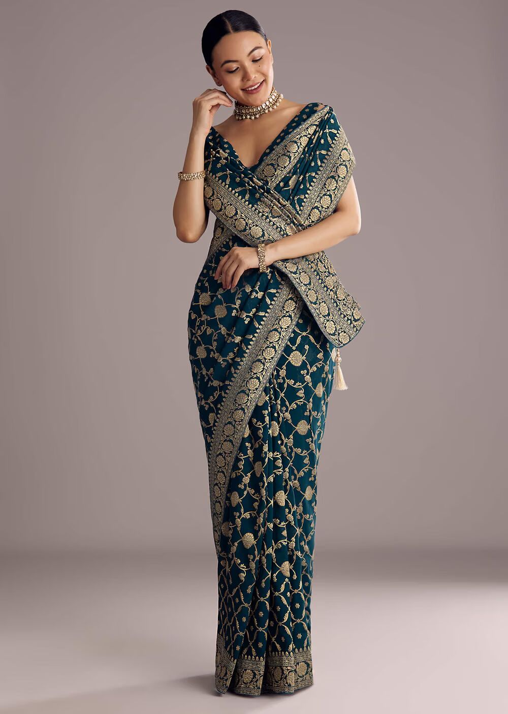 Peacock Blue Georgette Woven Saree With Floral Border