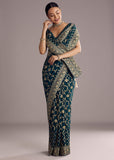 Peacock Blue Georgette Woven Saree With Floral Border