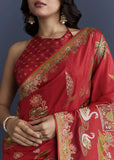 Red Magenta Dola Silk Saree With Nature Motifs And Embroidery
