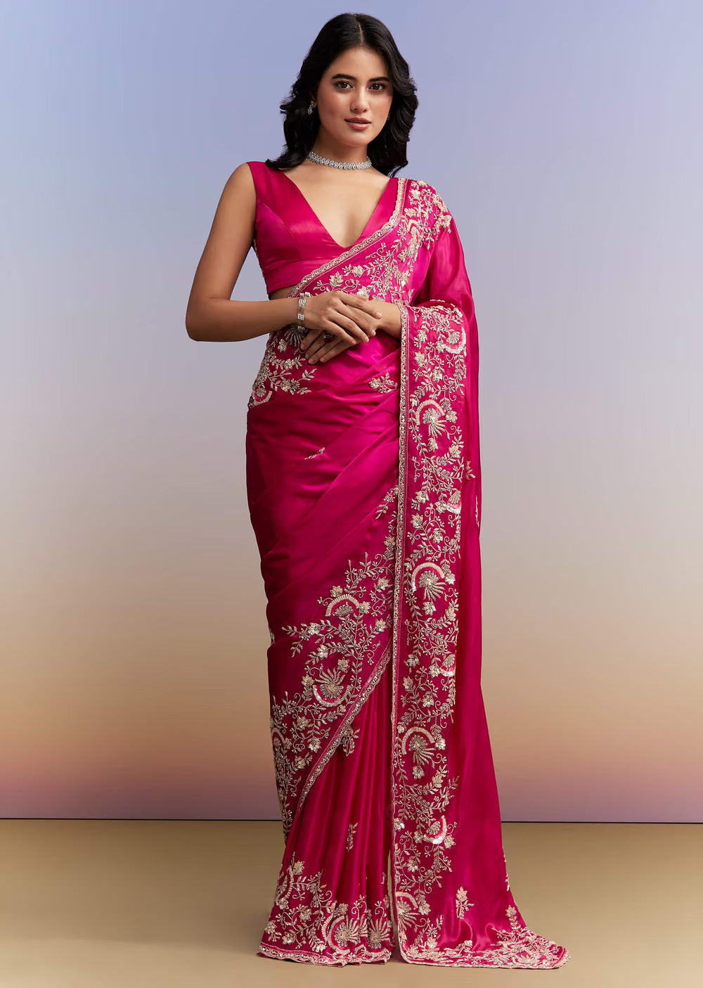 Hot Pink Satin Saree With Heavy Hand Work