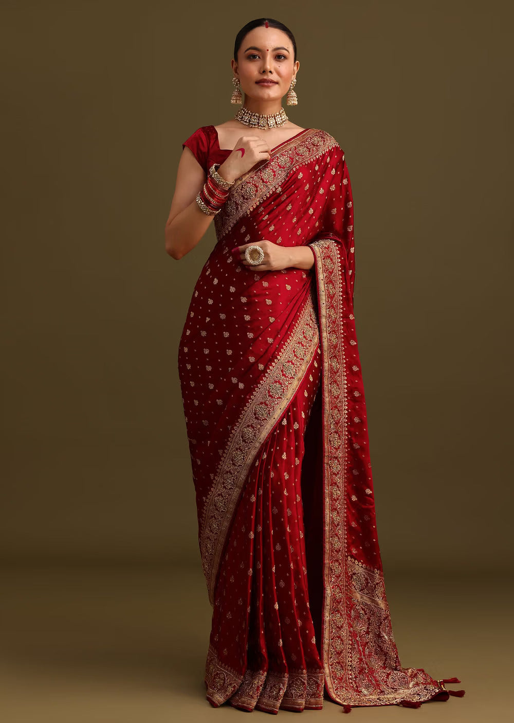 Maroon Satin Zardosi And Cutdana Embroidered Saree