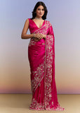 Hot Pink Satin Saree With Heavy Hand Work