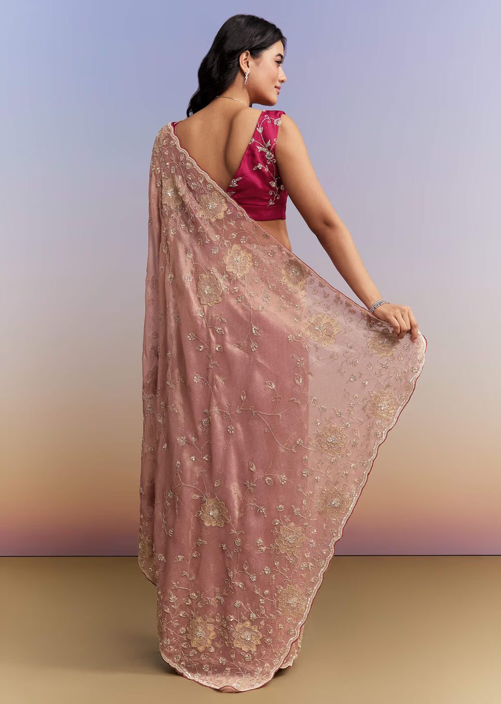 Pink Tissue Saree With Heavy Hand Embroidery