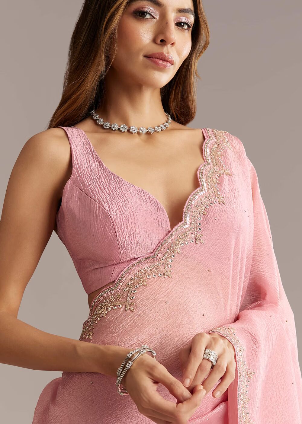 Peach Crush Tissue Saree With Scallop Border Embroidery