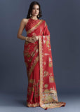 Red Magenta Dola Silk Saree With Nature Motifs And Embroidery