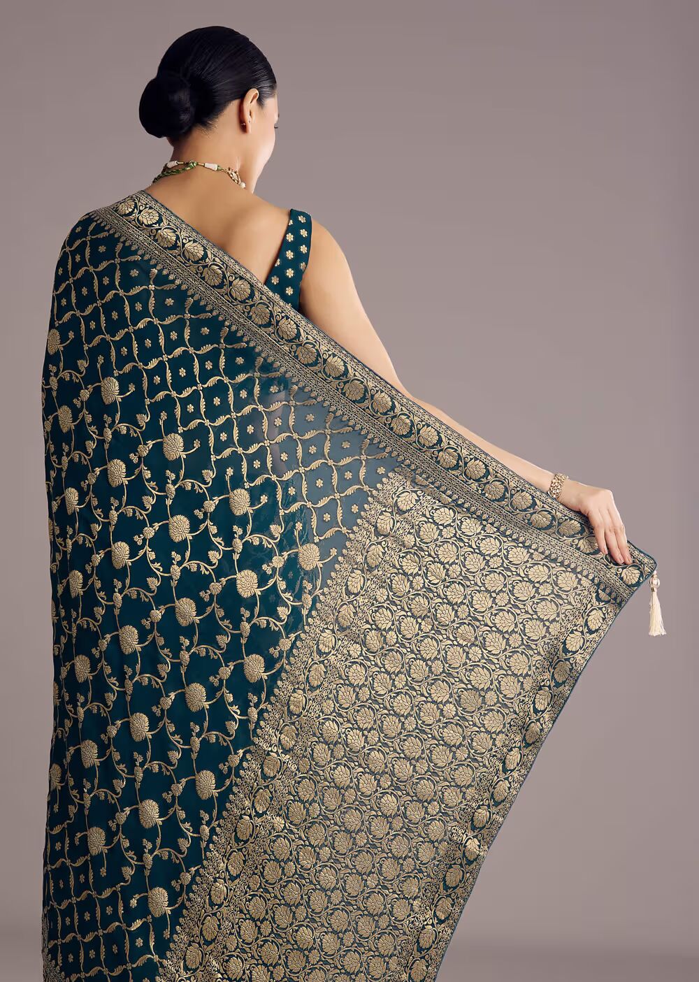 Peacock Blue Georgette Woven Saree With Floral Border