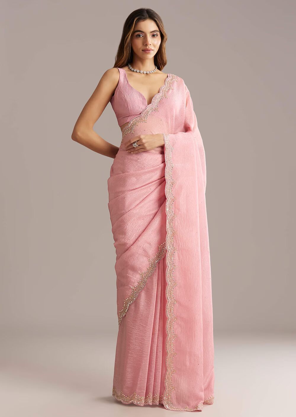 Peach Crush Tissue Saree With Scallop Border Embroidery