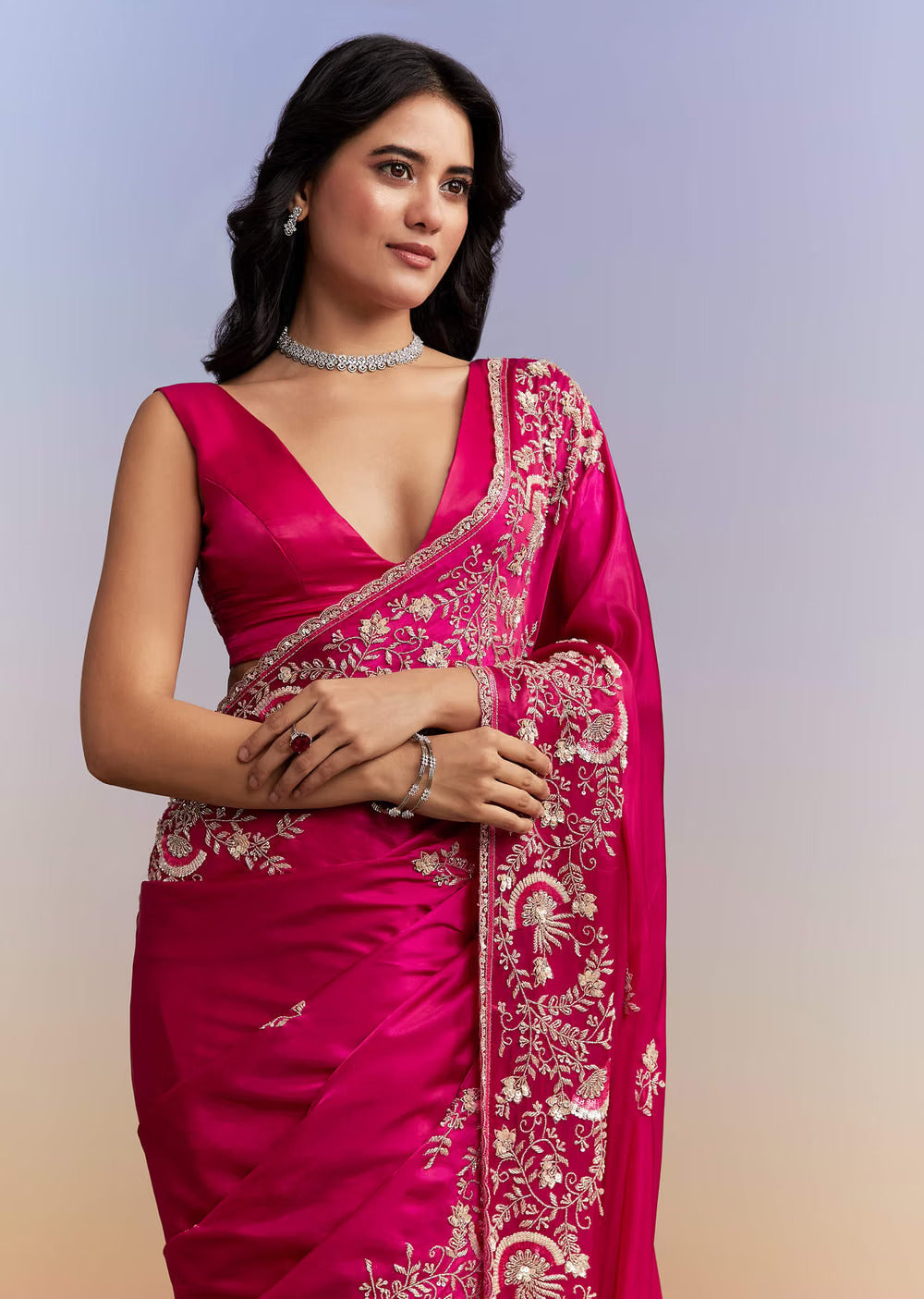 Hot Pink Satin Saree With Heavy Hand Work