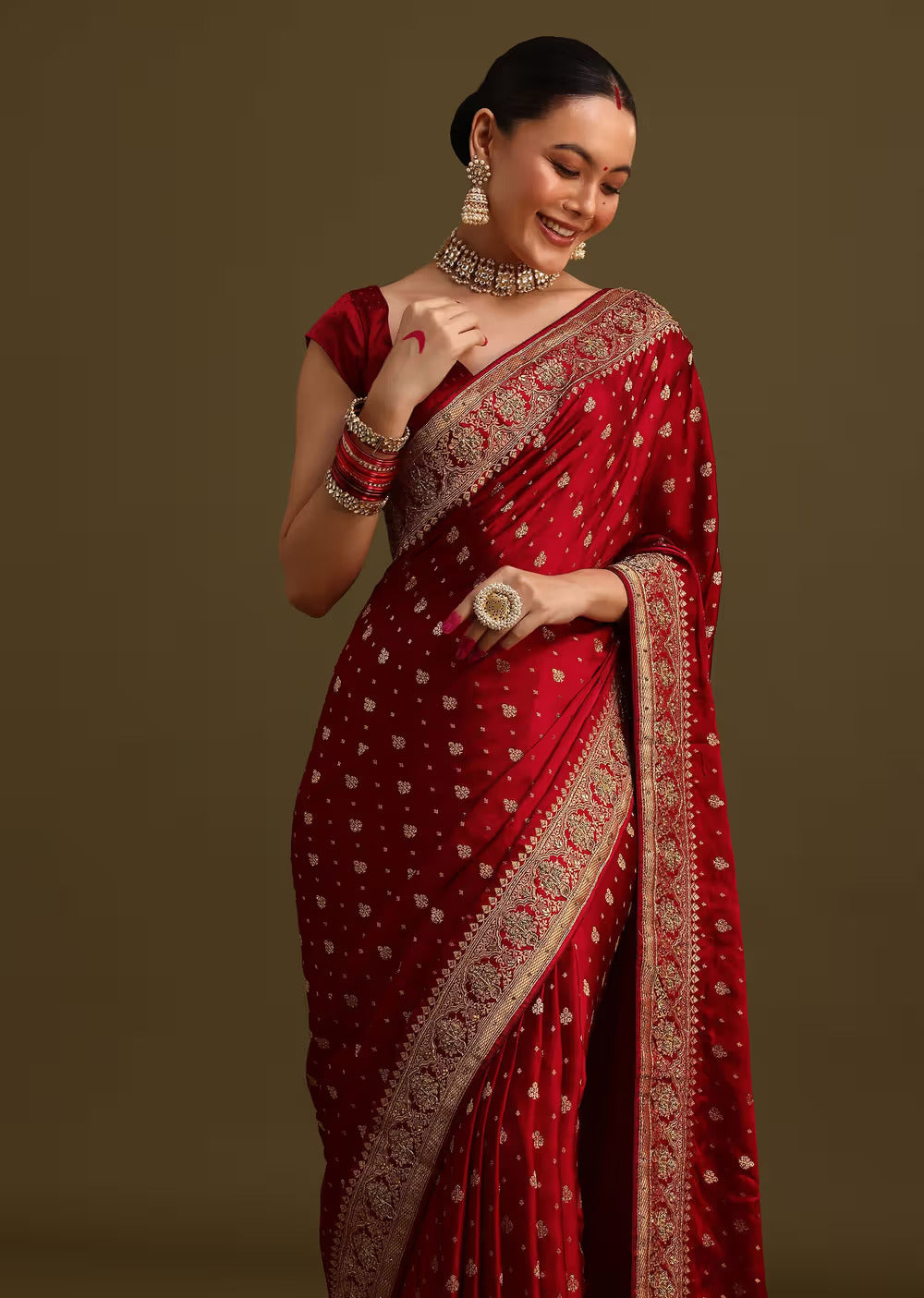 Maroon Satin Zardosi And Cutdana Embroidered Saree