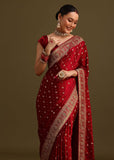 Maroon Satin Zardosi And Cutdana Embroidered Saree
