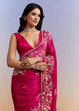 Hot Pink Satin Saree With Heavy Hand Work
