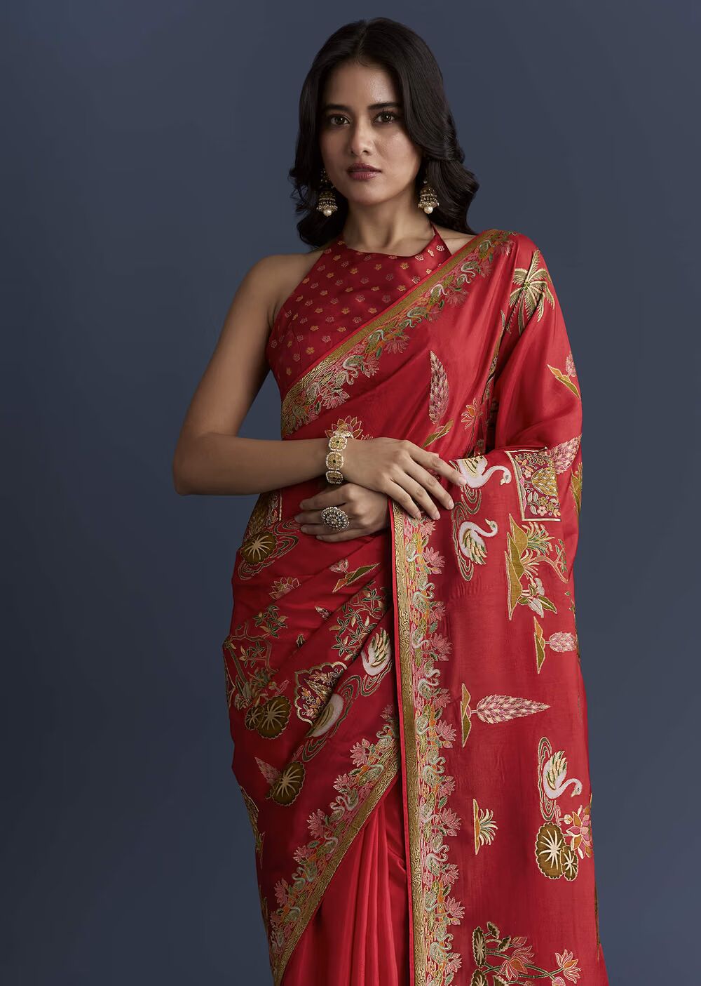 Red Magenta Dola Silk Saree With Nature Motifs And Embroidery
