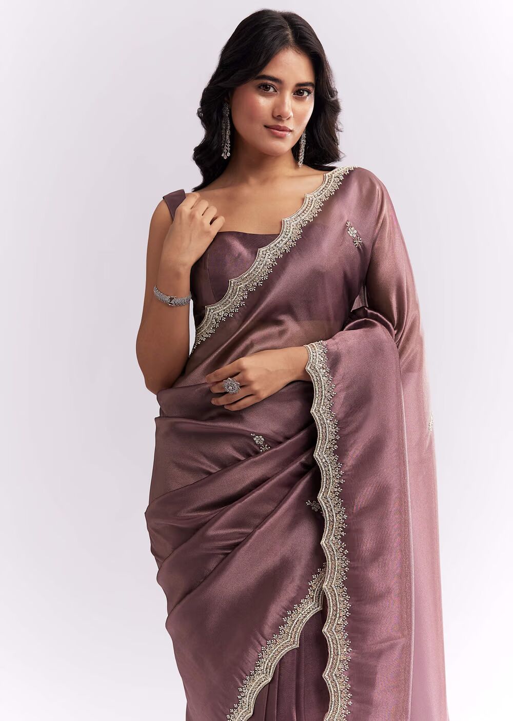 Purple Silk Organza Saree With Heavy Hand Embroidery