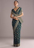 Peacock Blue Georgette Woven Saree With Floral Border