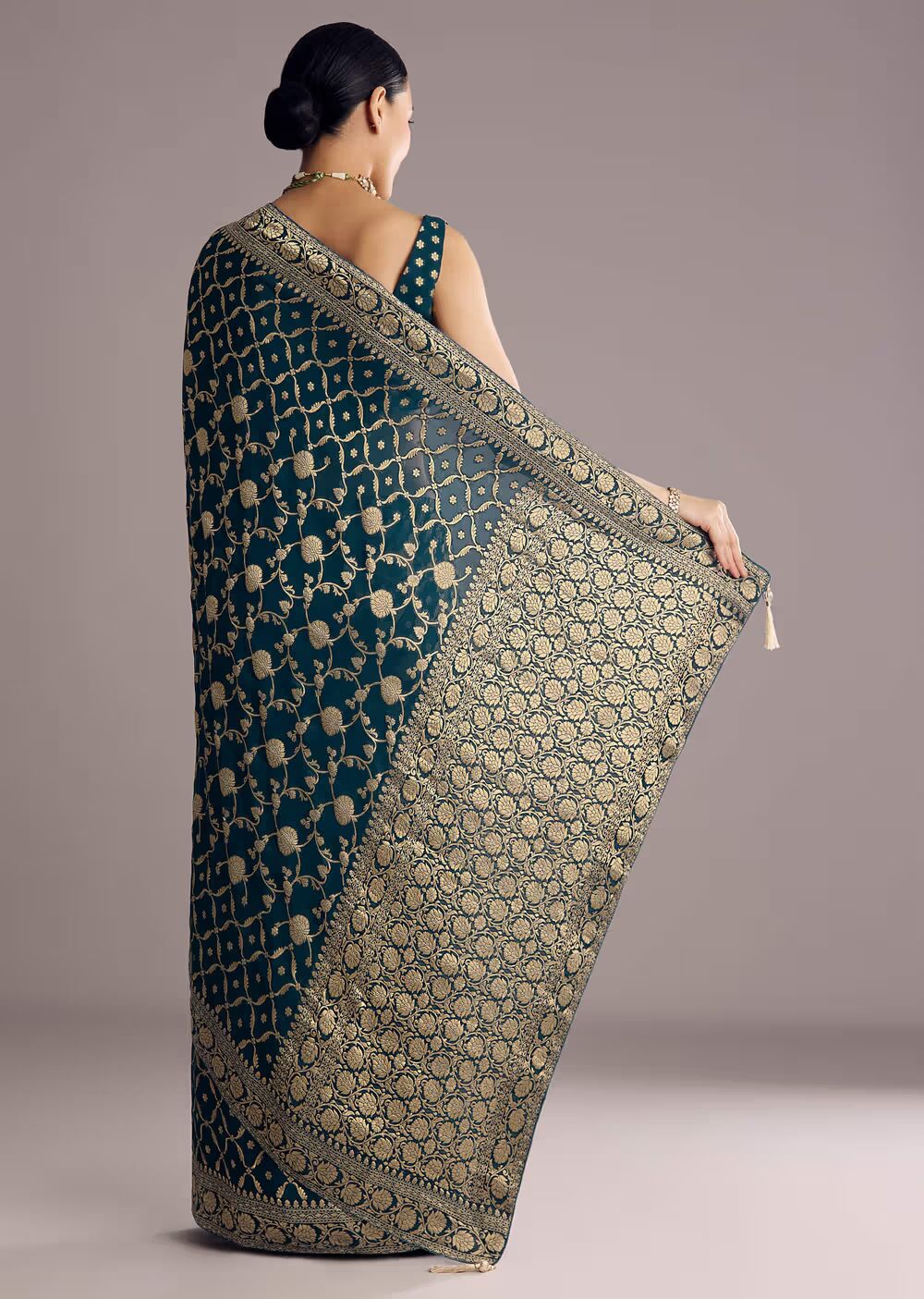 Peacock Blue Georgette Woven Saree With Floral Border