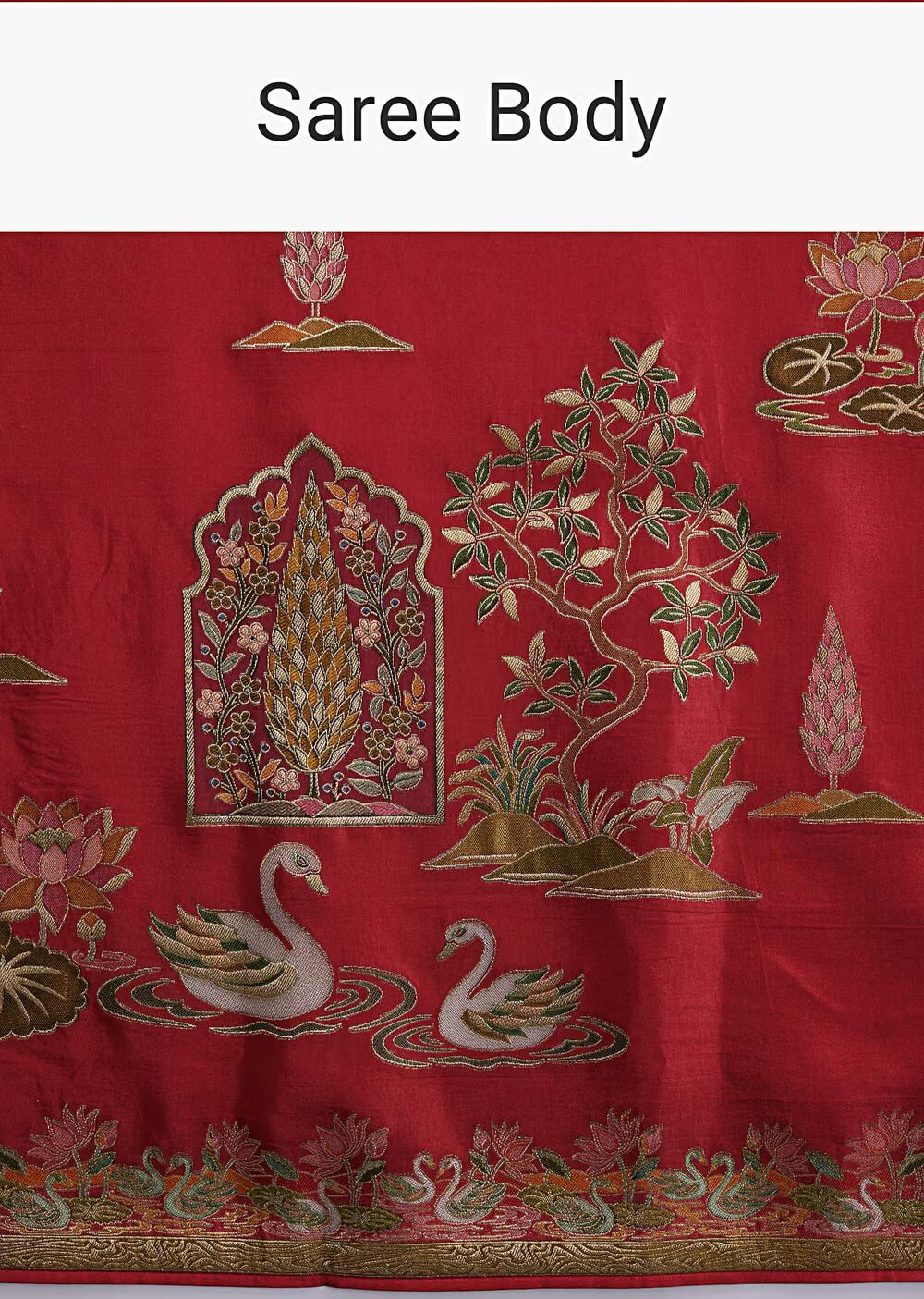 Red Magenta Dola Silk Saree With Nature Motifs And Embroidery